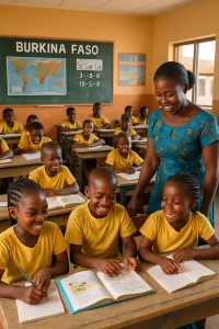 In a lively classroom in Burkina Faso, radiant smiles light up the faces of engaged children as they eagerly participate in lessons. A well-trained teacher guides them through modern learning materials, showcasing the positive impact of recent educational enhancements. The newly built school infrastructure stands as a testament to a successful project aimed at improving education and reducing poverty in the region, painting a hopeful picture of the future.