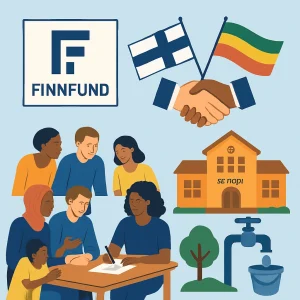 An insightful portrayal of Finland's impactful role in development financing, showcasing the Finnish development fund logo amidst symbols of international partnerships, such as flags and handshakes. The image features diverse groups of people engaging collaboratively, alongside visuals of key development projects like schools and clean water initiatives, all reflecting a commitment to sustainable development and professionalism, perfect for an educational article.