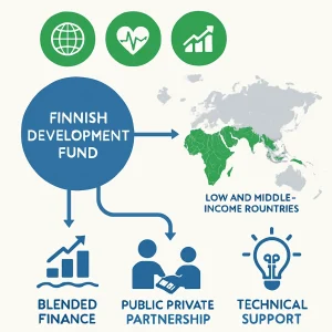This infographic-style image elegantly summarizes the operational model of the Finnish Development Fund. Featuring icons of sustainable development, financial graphs, and highlighted maps of low and middle-income countries, it visually narrates the intricate web of blended finance and public-private partnerships. The clean, modern design and professional color palette establish an atmosphere of trust, making it the perfect visual complement for informative articles on global development finance strategies.