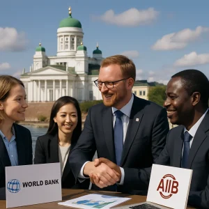 A striking visual showcasing Finland's international partnerships, featuring elements of economic growth such as thriving green cities and infrastructure projects, alongside symbols of sustainable development. The backdrop includes iconic Finnish architecture, blending seamlessly with international landmarks, emphasizing diversity in cooperation with organizations like the World Bank and AIIB. This image encapsulates Finland's commitment to alleviating poverty and fostering improved living conditions across the globe.