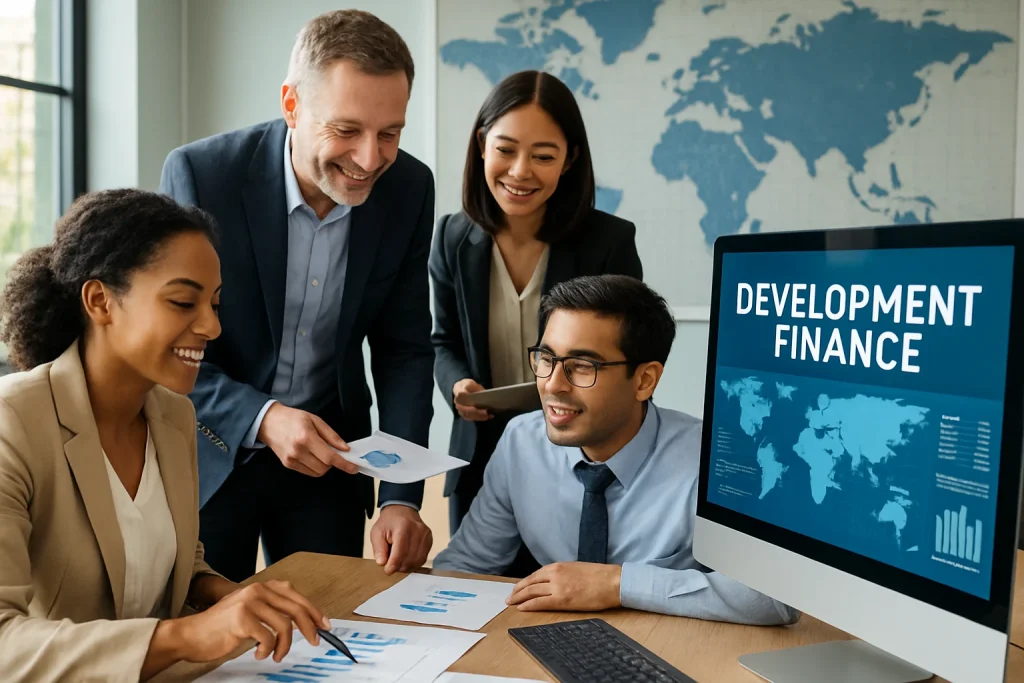In this vibrant office scene, a dynamic team of professionals from diverse backgrounds collaborates intently on a development financing project. Surrounded by illuminated computer screens showcasing intricate financial data, colorful charts, and a world map adorned with markers of impact, the atmosphere radiates cooperation and innovation. Together, they embody the mission of development finance institutions, striving to tackle poverty and promote sustainable growth on a global scale.