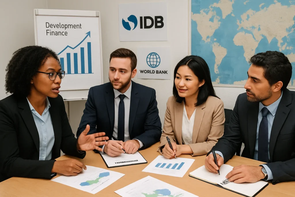 A captivating photograph showcasing a diverse assembly of professionals deeply engaged in a collaborative meeting. The setting is enriched with visual elements of international cooperation, featuring graphs, agreements, and maps that symbolize development finance. The dynamic atmosphere highlights the critical roles of institutions like the IDB and World Bank in driving sustainable projects, underscoring the essence of teamwork in achieving global developmental goals.