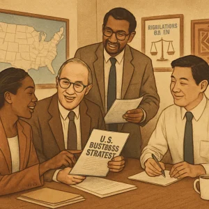 In this warm, vintage-style illustration, a diverse group of local advisors gathers in a cozy office, embodying collaboration and shared wisdom. Surrounded by maps, regulatory guides, and rich cultural symbols, professionals from legal, marketing, and financial backgrounds engage in spirited discussions, crafting strategies to navigate the complexities of the U.S. business landscape. Their vibrant camaraderie reflects the strength found in diversity and the power of collective insight.