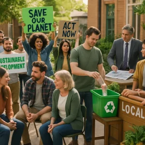 A vibrant scene depicting a diverse group of citizens united in their efforts towards sustainable development. The image captures lively community gatherings for discussions, passionate environmental protests, eco-friendly recycling practices, and the support of local businesses. With collaboration between citizens and local governments showcased through development projects and educational workshops, the atmosphere is filled with hope and determination for a brighter, sustainable future.