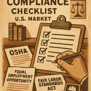 Step into the past with this vintage-style illustration that serves as a vital regulatory compliance checklist for businesses aiming to enter the U.S. market. Set in a traditional office, the scene features meticulously arranged documents emblazoned with titles like 'OSHA' and 'Equal Employment Opportunity', harmonizing with elegant vintage regulatory symbols such as the scales of justice and essential safety icons. The warm color palette and retro typography emphasize the seriousness of understanding local laws, encapsulating the essence of diligence and commitment to compliance.