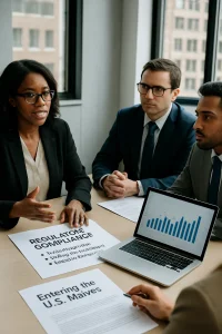 In a sleek, sunlit office, a diverse group of professionals engage in a dynamic discussion about regulatory compliance strategies. Surrounded by essential documents highlighting legal frameworks, a laptop displays critical charts and data, underscoring the significance of consumer protection and brand reputation. Each participant, dressed in sharp business attire, embodies a commitment to navigating the complexities of entering the U.S. market with integrity and foresight.