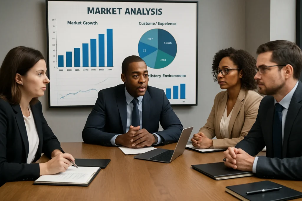 In a sleek, contemporary conference room, a diverse team of professionals engages in a pivotal market evaluation discussion. The atmosphere is charged with determination as charts and graphs illuminate the large screen behind them, depicting intricate market data. With notebooks and tablets scattered across the table, each participant is deeply focused, their expressions reflecting the critical analysis of customer experience and regulatory landscapes vital for successful market entry strategies.