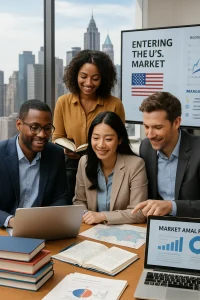 In a vibrant setting bustling with opportunity, a diverse group of professionals collaborates amidst a wealth of resources—books, laptops, charts, and maps. The dynamic backdrop of a city skyline embodies the essence of strategic market entry into the U.S., while screen displays reveal insightful graphs of market trends and training materials, highlighting a shared commitment to knowledge and innovation.