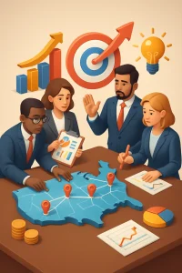 In this dynamic 3D scene, a diverse group of business professionals collaborates around an expansive, interactive map of the U.S. marketplace. Each figure, representing a unique perspective, engages in strategic discussions, with visual cues illustrating market dynamics, goal-setting, and planning. The atmosphere is charged with ambition and teamwork, perfectly capturing the complexity and opportunities that define the American business landscape.