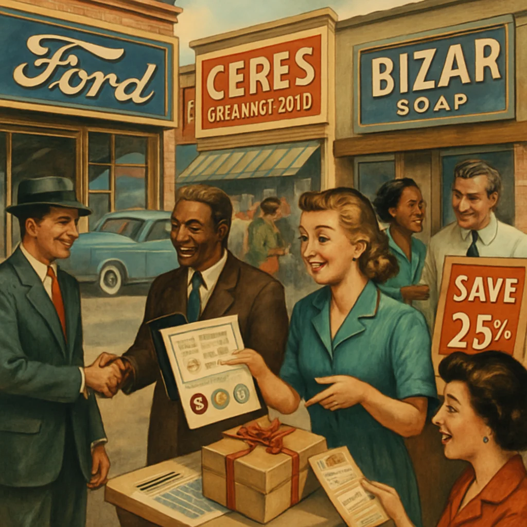 Step back in time to a vibrant 1950s marketplace, where the air is filled with laughter and chatter. Delightful storefronts, boasting colorful retro signage, beckon diverse shoppers who engage warmly with friendly salespeople. Classic cars line the streets, surrounded by charming architecture that evokes a sense of community. Subtle details like customer feedback forms and promotional flyers underscore the importance of positive customer experiences and competitive interactions, capturing the essence of a bustling scene where commerce and camaraderie thrive.