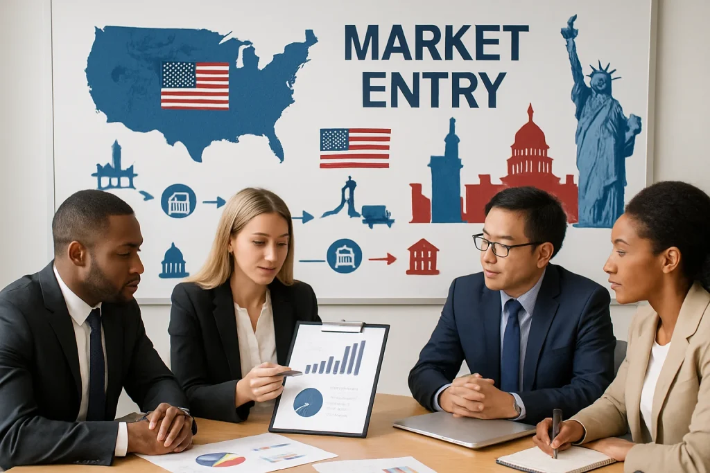 A dynamic photo-style image showcasing a diverse team of business professionals collaborating in a strategic planning session. The group, representing various backgrounds and expertise, is engaged in a lively discussion, surrounded by a world map and local cultural icons that highlight the U.S. market landscape. Supply chain diagrams woven into the background symbolize their meticulous preparation and approach to integrating into the local business environment.