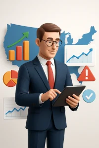 A dynamic 3D illustration showcasing a confident business professional engrossed in market data analysis on a digital tablet. Surrounding them are vibrant visual representations of charts, graphs, and maps, symbolizing the intricate landscape of opportunities and risks. Set against a detailed U.S. map, the image embodies the essence of informed decision-making and the critical role of market research in strategic market entry.