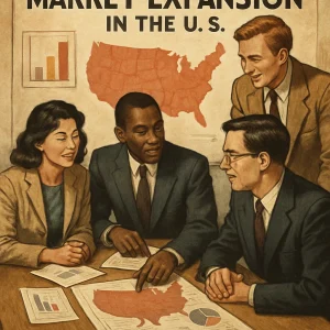In this vintage-style illustration, a diverse assembly of professionals is deeply engaged in a discussion around a table strewn with charts and maps, symbolizing their collaborative effort to devise strategies for market expansion in the U.S. Each individual brings unique local expertise to the table, fostering a vibrant atmosphere of teamwork and professionalism. The artwork masterfully combines historical aesthetics with a contemporary business context, capturing the essence of innovation rooted in collaboration.