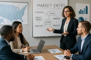 In a dynamic modern office filled with energy, a diverse team of business professionals collaborates over a strategic planning session. U.S. maps and data charts adorn the walls, while a whiteboard brimming with innovative ideas showcases their collective brainstorming efforts. The room buzzes with focus and creativity, highlighting their mission to navigate the complexities of market entry into the U.S. business landscape.