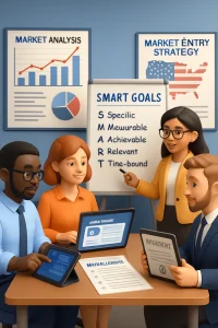 In a dynamic and modern training room, a diverse group of professionals collaborates on a strategic market entry planning session. Surrounded by vibrant charts illustrating market dynamics and regulatory frameworks, they actively engage in setting SMART goals on a whiteboard. With laptops and tablets open, they're using microlearning tools, embodying a spirit of teamwork and practical application tailored for navigating the complexities of the U.S. business landscape.