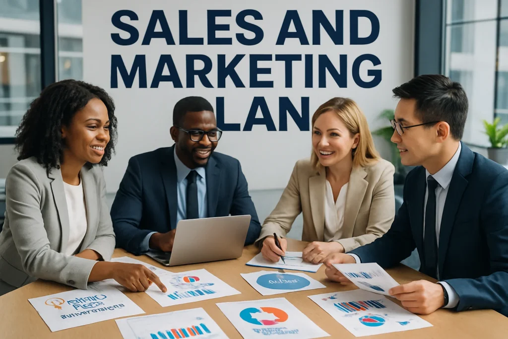 In a sleek, modern office buzzing with innovation, a diverse team of business professionals collaborates around a table. Scattered marketing documents, graphs, laptops, and charts illustrate their vibrant discussions. The image captures the essence of strategic planning, with a focus on unique value propositions, pricing strategies, and customer engagement. The atmosphere is electric, showcasing the excitement and teamwork vital for exploring new markets.