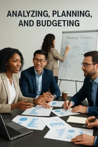 In a dynamic business workshop, diverse entrepreneurs engage in a spirited discussion on financial planning. Surrounded by charts, graphs, and financial documents, they navigate the complexities of budgeting and revenue streams. A whiteboard in the background captures their collaborative brainstorming, reflecting a focused atmosphere ripe with innovation and strategic insight.