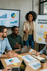In a vibrant modern office, a diverse team collaborates passionately, surrounded by screens filled with dynamic charts and graphs. This professional photo captures the essence of teamwork as they brainstorm innovative revenue streams. Laptops and colorful sticky notes pepper the workspace, symbolizing their commitment to grasping local market dynamics and unearthing unique opportunities in a collaborative environment.