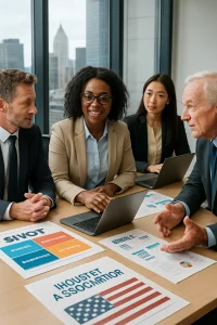 In a modern office illuminated by natural light streaming through large windows, a diverse group of business professionals convenes around a table. Their focused expressions reveal intense discussions on resource templates like SWOT analyses, business plans, and budget sheets, accompanied by laptops and industry materials. The urban cityscape in the background symbolizes the dynamic U.S. market, reflecting their collective drive towards strategic planning and innovation.