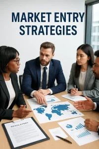 In a bustling modern office, a diverse group of business professionals engage in a strategic discussion about market entry strategies. The scene captures a dynamic atmosphere of collaboration and analysis, with charts, maps, and regulatory compliance documents strewn across the conference table, highlighting the complexities of global business growth.