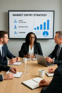In a sleek, modern meeting room, a diverse group of business professionals engages in animated discussions about market entry strategies. A large screen dominates the space, showcasing colorful charts and graphs that detail insights on direct selling, distributors, and licensing methods. The atmosphere is vibrant and collaborative, marked by notepads filled with ideas, laptops open to facilitate communication, and coffee cups energizing the team's focus. This image captures not just a meeting, but a visionary dialogue reflecting an inclusive business environment aimed at pioneering success.