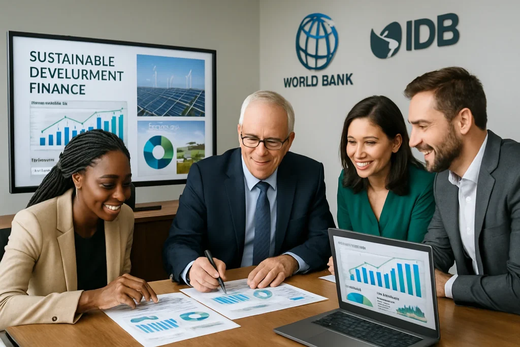 In a vibrant office brimming with creativity, a diverse team of professionals engages in dynamic collaboration, embodying the essence of sustainable development financing. The scene features detailed charts and graphs illuminating critical financial data, alongside visuals of renewable energy projects and impactful development initiatives displayed on screens and documents. A sense of teamwork and innovation radiates, symbolizing the crucial partnership between public and private sectors. Subtle hints of the World Bank and IDB logos in the background reinforce the significance of their efforts in promoting sustainable finance.