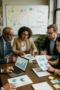 A dynamic assembly of diverse business professionals convenes around a grand conference table, deeply engaged in the analysis of vibrant charts and graphs displayed on laptops and paper reports. The atmosphere buzzes with creativity and strategic foresight, enhanced by a backdrop of colorful sticky notes and detailed whiteboards. This scene captures the essence of continuous improvement and adaptability, painting a vivid portrait of teamwork in a thriving office environment.