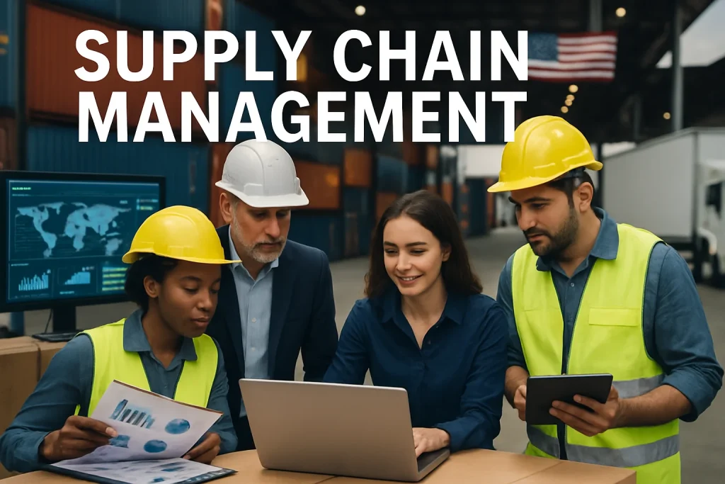 A vivid portrayal of a diverse team of logistics professionals working collaboratively in a state-of-the-art warehouse. Surrounded by shipping containers and delivery trucks, the scene highlights advanced data analytics screens that symbolize efficiency in operations. The U.S. flag subtly integrates into the backdrop, underscoring the focus on the U.S. market. This dynamic atmosphere captures the essence of teamwork and innovation in supply chain management.