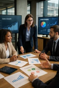 A captivating snapshot of a diverse team of professionals engaged in a lively discussion, surrounded by digital screens and analytical charts. This dynamic office scene embodies the essence of collaboration and strategic planning, showcasing documents and graphs that highlight a culture of innovation and adaptability in a competitive landscape.