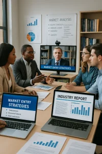 A dynamic office scene showcasing a diverse team of professionals deeply engaged in a video conference on market entry strategies. The workspace is equipped with open laptops displaying online courses, alongside printed industry reports and analytical charts adorning the walls. A whiteboard brims with insightful market analysis notes, while a meticulously organized shelf offers an array of books on business strategy, encapsulating the spirit of collaboration and the pursuit of knowledge.
