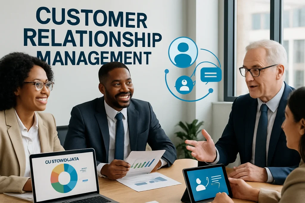 In a sleek modern office, a diverse group of business professionals engage in a dynamic collaborative meeting. Surrounded by digital devices displaying vibrant customer data charts, they exemplify trust and innovation. This image captures the essence of strategic customer engagement, emphasizing the importance of brand loyalty in today's business landscape.