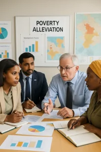 In a dynamic office setting, diverse stakeholders—including representatives from development finance institutions, local government officials, and community leaders—collaborate passionately to devise innovative strategies against poverty. Surrounded by charts, maps, and visual aids detailing impactful development projects, the atmosphere is charged with urgency and collaboration, highlighting the collective commitment to elevate communities and foster sustainable solutions.