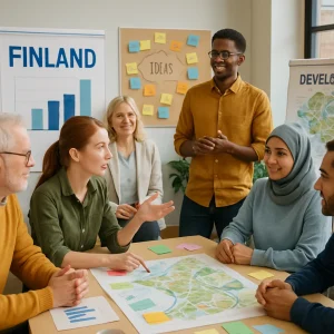 This image captures the vibrant energy of a community meeting in Finland, where citizens from diverse backgrounds engage in spirited discussions about development initiatives. Set in a bright and inviting environment, the scene is enhanced by visual elements like charts, maps, and brainstorming materials, symbolizing collaboration. Each participant displays focused expressions, embodying the spirit of democracy and active involvement. The overall atmosphere radiates optimism and a collective commitment to sustainable development, beautifully showcasing the pivotal role of civil society in shaping a brighter future.