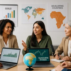 This professional photograph captures a diverse team engaged in a vibrant meeting within a modern conference room, dedicated to advancing sustainable finance projects. With charts and maps of developing nations adorning the walls and laptops showcasing crucial financial data, the atmosphere radiates focus and optimism. The centerpiece, a globe, symbolizes their collective mission to achieve the UN Sustainable Development Goals (SDGs) through collaboration and innovative thinking.