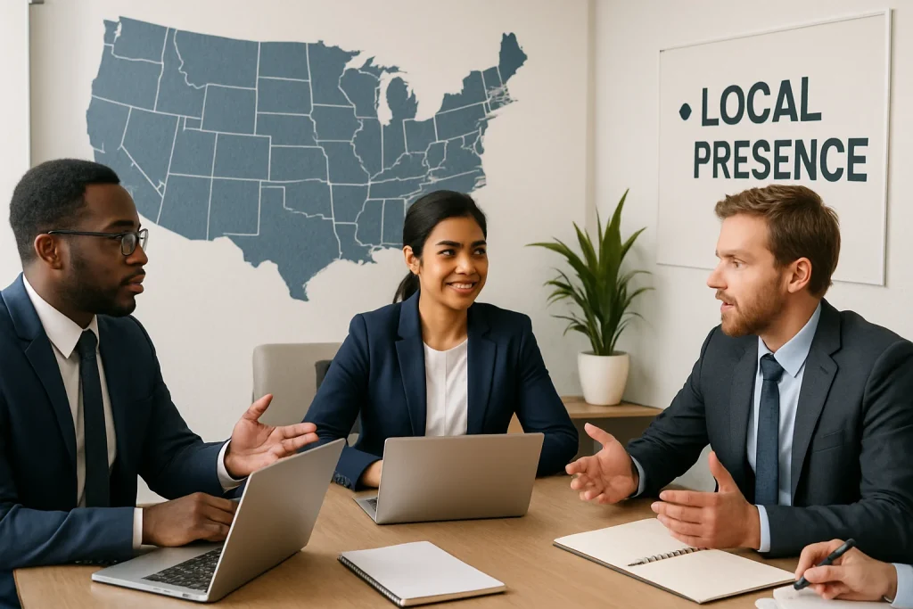 A vibrant scene featuring a diverse group of business professionals gathered around a sleek conference table in a modern office. The walls showcase a large map of the U.S., rich in detail, while laptops and notepads are scattered around, filled with notes and diagrams. Engaged in enthusiastic dialogue, the team embodies cultural integration and collective ambition, strategizing their path to successful market entry and establishing a strong local presence.