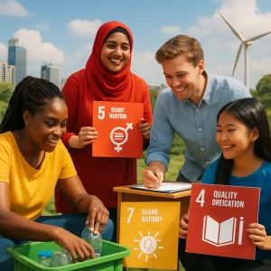 This vibrant image captures the essence of the United Nations' Sustainable Development Goals, featuring a diverse group of individuals passionately collaborating on environmental projects. Set against a harmonious blend of urban and natural landscapes, the scene reflects themes of poverty eradication, gender equality, quality education, and clean energy. Each participant symbolizes the collective effort needed to foster a sustainable future, making this a compelling visual for any article on sustainability.