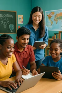 This vibrant image captures a diverse group of students actively collaborating in a modern classroom, equipped with innovative educational tools. The scene embodies themes of empowerment and community support, highlighting the transformative power of education in emerging nations and the importance of inclusivity in learning environments.