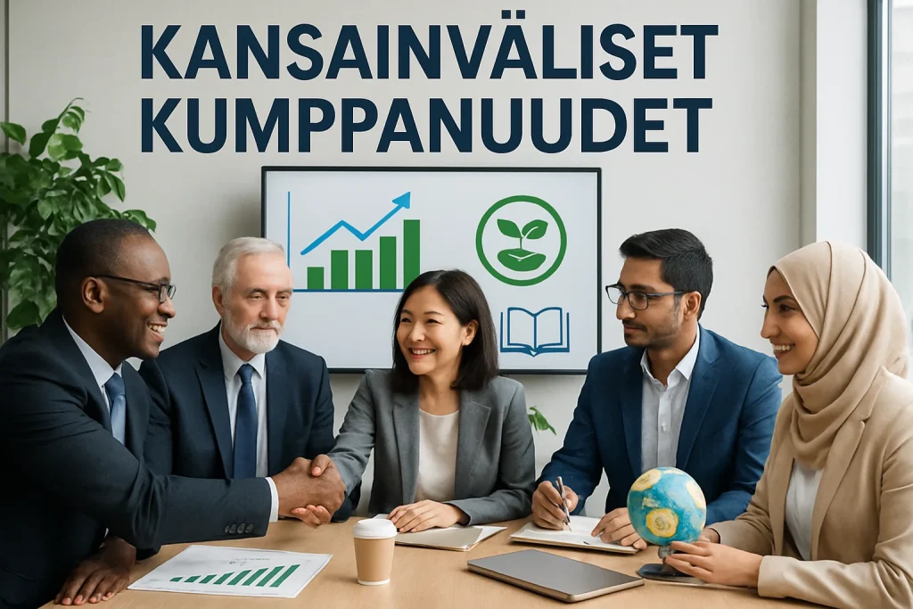A vibrant conference room scene showcasing representatives from diverse nations collaboratively strategizing on development finance. Surrounded by charts, greenery, and cutting-edge technology, the atmosphere exudes cooperation and innovation, highlighting the importance of international partnerships in achieving sustainable education and financial growth.