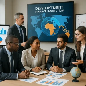 A vibrant depiction of a development finance institution's office, where a diverse team of professionals collaborates on impactful projects. The atmosphere radiates purpose and global cooperation, with dynamic charts, graphs, and maps illuminating the screens. Central to the scene, a globe showcases developing countries, symbolizing the investment and collaboration required to enhance economic growth and social welfare in emerging markets.