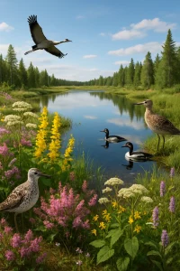 This captivating photorealistic image portrays the tranquil beauty of Viiankiaava's Natura 2000 area, where vibrant plant species burst into bloom and various birds thrive in their natural habitats. A crystal-clear water body captures the reflection of the serene sky, emphasizing the essence of biodiversity. This scene harmoniously weaves together the vital themes of environmental protection and biodiversity research, particularly in light of the Sakatti mining project, reminding us of the delicate balance between nature and development.