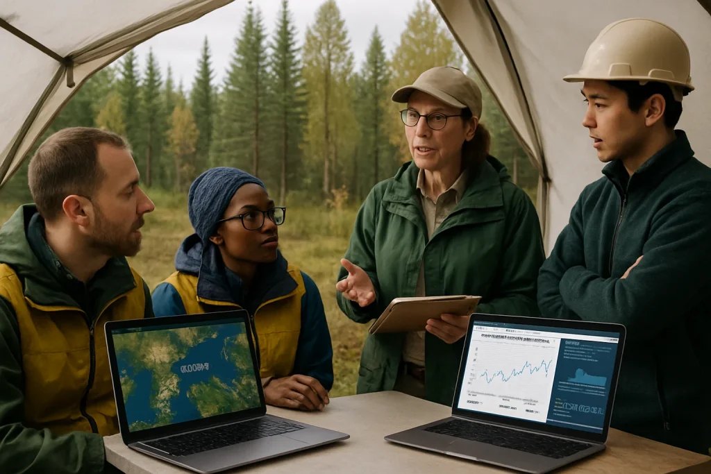 A vibrant portrayal of environmental assessment around the Sakatti multi-metal mining project, highlighting innovative monitoring technologies and a diverse team of experts. The image captures the balance between ecological sustainability and mining initiatives, set against the stunning backdrop of Viiankiaava Natura 2000 area, emphasizing community engagement in preserving nature.