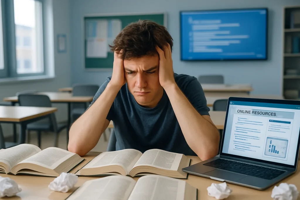 A photorealistic portrayal of a frustrated student amid a chaotic desk strewn with open textbooks and crumpled papers, overwhelmed by the torrent of information. In a backdrop of a digital classroom, the contrast of traditional books and advanced online resources highlights the challenges of textbook reliance in modern education.