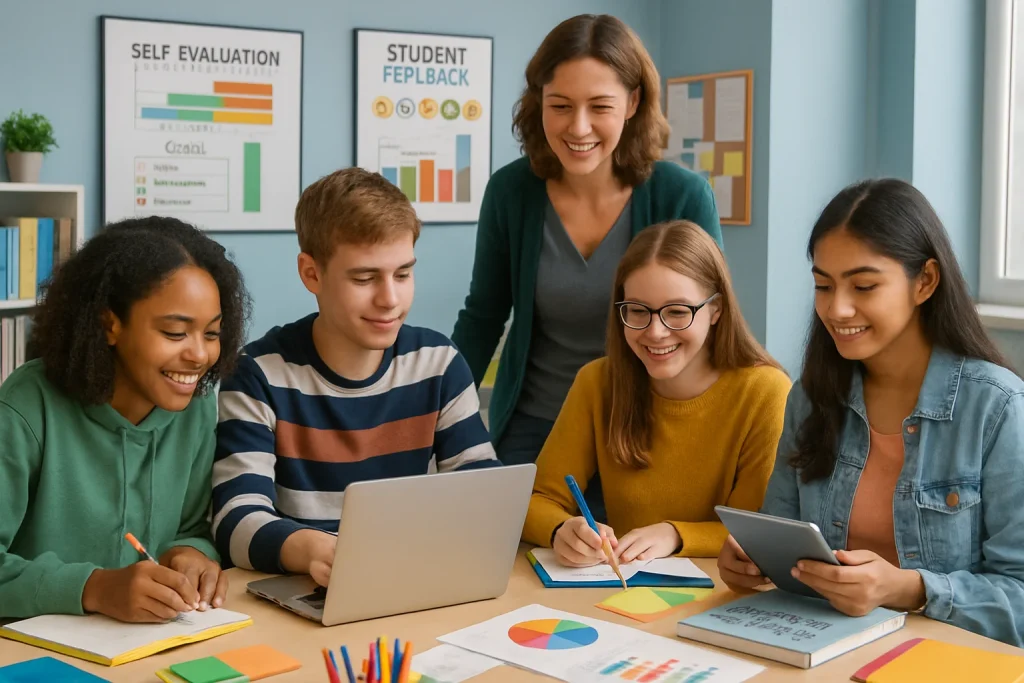 In a vibrant and engaging classroom, a diverse group of students actively collaborates on an enriching project, surrounded by colorful educational materials and reflective journals. Various technological tools enhance their learning, while charts and surveys on the walls symbolize the essential self-evaluation and feedback mechanisms in the Finnish education system. The scene radiates motivation and personal growth, showcasing the dynamic interaction between students and teachers in this student-centered learning environment.