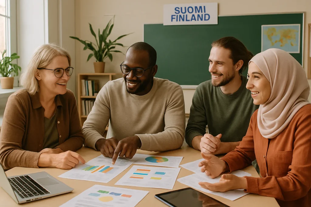 A vibrant scene capturing diverse Finnish educators immersed in a dynamic curriculum development workshop. With natural light flooding the classroom, they engage in spirited discussions surrounded by charts, digital devices, and educational materials that embody inclusivity. Lush greenery and modern pedagogy elements reflect their commitment to continuous improvement in education, showcasing a collaborative spirit dedicated to societal responsiveness.