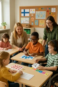 In a vibrant Finnish classroom, a diverse group of students and teachers engage in a dynamic learning environment. The image captures the essence of inclusive education, showcasing students with varied abilities working together under the guidance of a general and a special education teacher. Customized materials, supportive tools, and the bright, inviting atmosphere all highlight the nurturing approach of the Finnish education system, where cooperation and holistic development flourish.