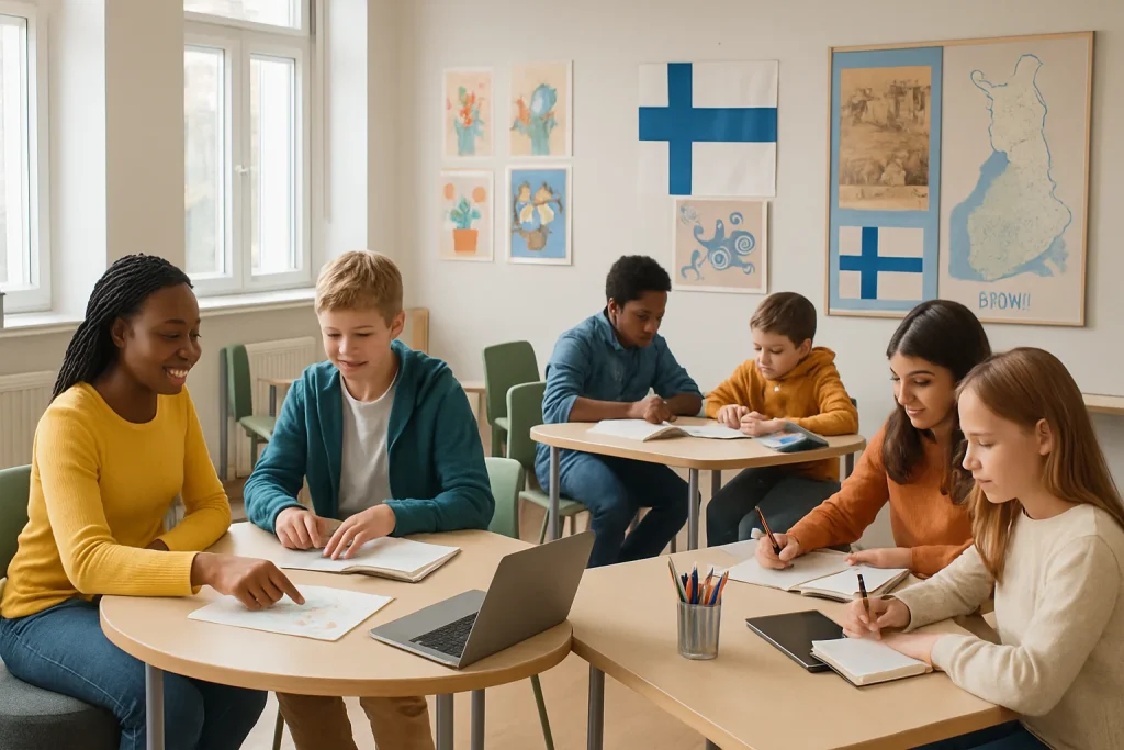 This photorealistic image captures the vibrant atmosphere of a modern Finnish classroom, where diverse students are engaged in collaborative learning activities. Natural light pours through expansive windows, illuminating flexible seating arrangements that promote interaction and creativity. Educational materials that stimulate critical thinking adorn the space, while the background proudly showcases Finnish cultural elements, including artwork and maps that reflect the rich history and evolution of education in Finland.