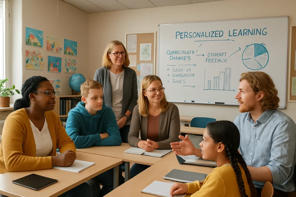 This vibrant classroom scene captures the essence of personalized education in a Finnish school. Students from various backgrounds engage in lively discussions with their teachers, creating a culture of collaboration and inclusivity. The blend of traditional and modern learning tools, combined with student artworks around the room, reflects a holistic approach to education. The atmosphere is warm and inviting, showcasing community involvement and the adaptability of the curriculum. A whiteboard filled with notes and charts highlights the dynamic nature of educational evolution, emphasizing feedback and personalization in the learning journey.