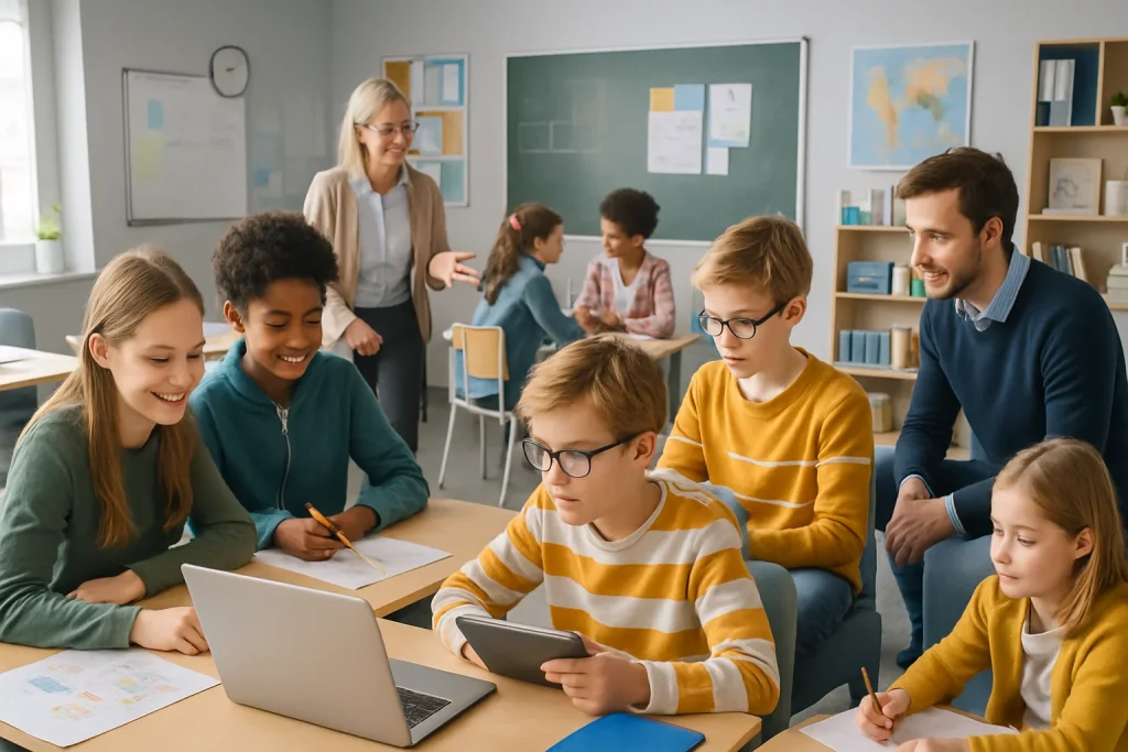 A vibrant, modern classroom scene featuring Finnish students of diverse backgrounds engaged in innovative group projects. The image captures teachers facilitating dynamic discussions and students utilizing digital tools, all within adaptable learning spaces. This photorealistic portrayal emphasizes the importance of social skills and emotional intelligence, showcasing an environment that prioritizes active learning experiences and individual pathways in education.