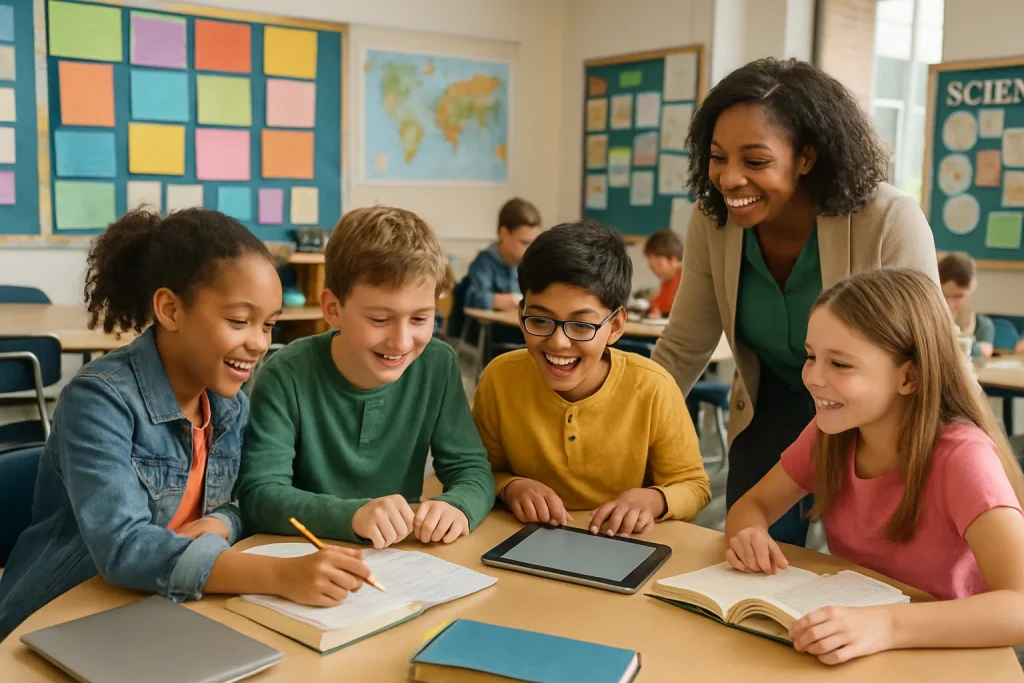 A vibrant photorealistic depiction of a diverse classroom brimming with student engagement. Various students of different backgrounds are gathered around round tables, collaborating on a hands-on project with books, digital devices, and colorful learning materials spread across the tables. The teacher circulates, facilitating lively discussions and guiding students as they dive deep into their work. The walls are adorned with colorful displays of student projects, showcasing innovative educational practices and the energy of a student-centered learning environment.