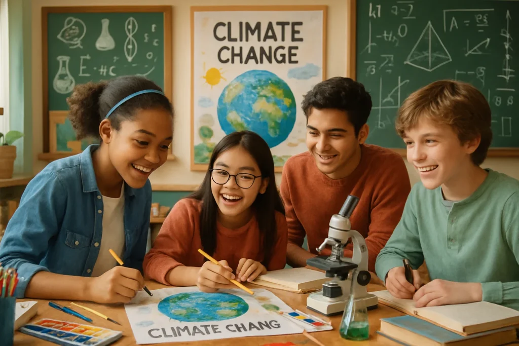 In a lively classroom brimming with creativity, a diverse group of students unites their talents in a dynamic interdisciplinary project focused on climate change. Surrounded by an inspiring mix of art supplies, books, and scientific tools, they passionately discuss ideas, embodying teamwork and innovation. This photorealistic depiction captures their enthusiasm as they blend science, art, and mathematics to tackle one of the world's most pressing issues, set against a colorful backdrop that showcases a holistic approach to education.